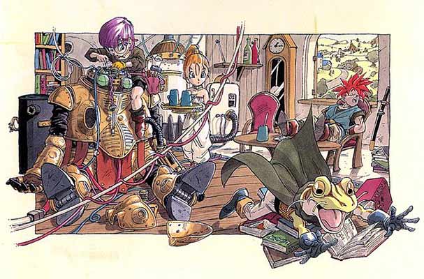 Imagem de divulgação de Chrono Trigger com os personagens na casa de Lucca