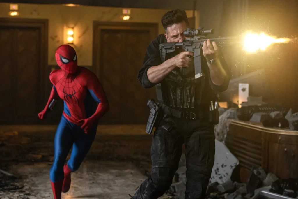 Homem-Aranha (Tom Holland) e Justiceiro (Jon Bernthal), em Homem-Aranha: Um Novo Dia.