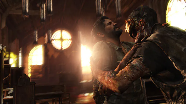 Joel lutando com um zumbi