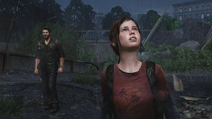 Joel e Ellie na chuva